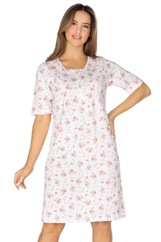 Dámská noční košilka Stela bílá s růžovými květy - Dámská pyžama košilky