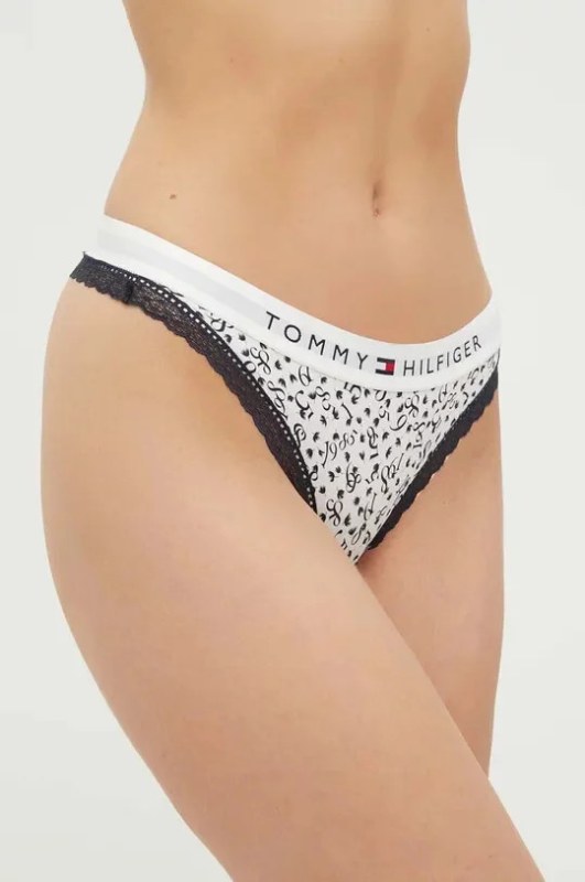 Dámská tanga UW0UW04809 02X bílé s potiskem - Tommy Hilfiger