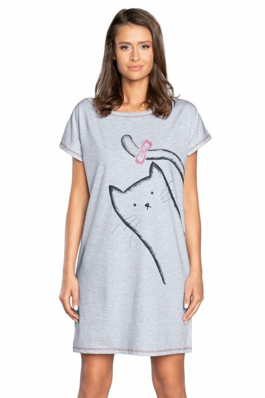 Noční košilka Luna šedá s kočkou - Dámské spodní prádlo košilky