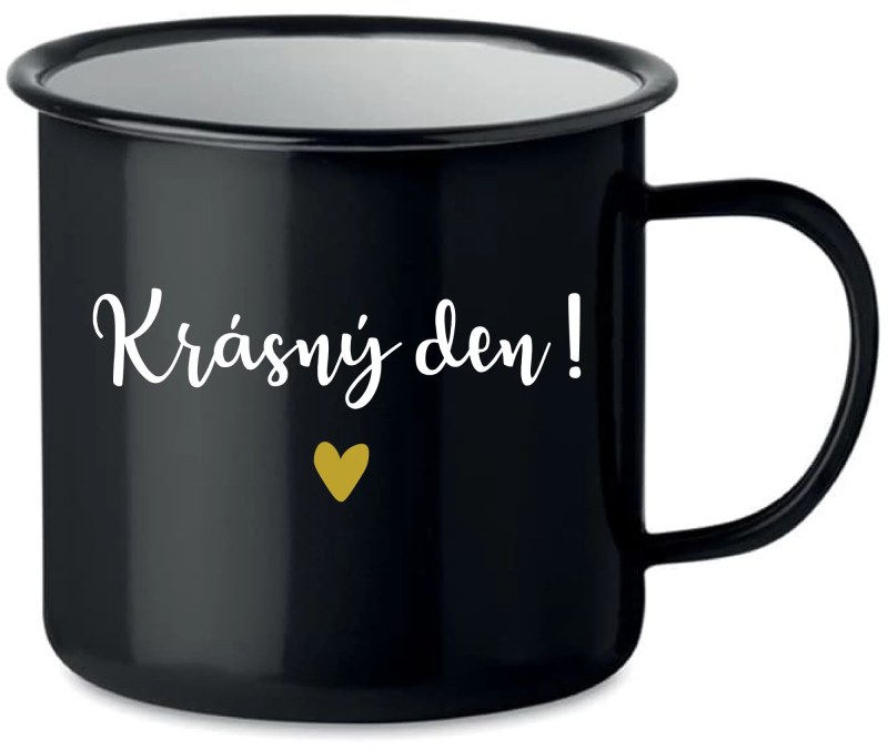 HRNEK KRÁSNÝ DEN! - černý plecháček 350 ml - Dárkové produkty plechové hrnky