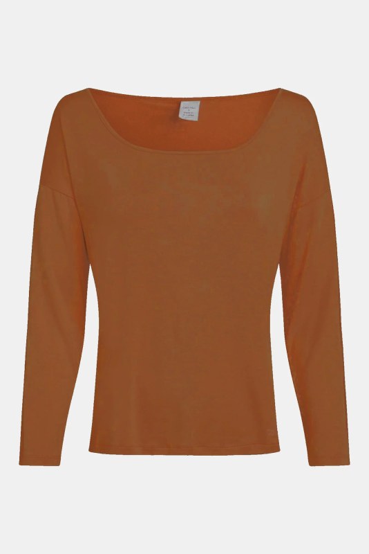 Dámský pyžamový top L/S CURVE NECK 000QS7006E GCU karamelová - Calvin Klein