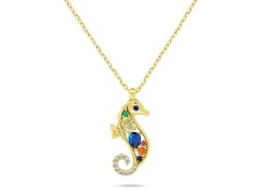 Brilio Silver Pozlacený náhrdelník Mořský koník s barevnými zirkony NCL161YRBW