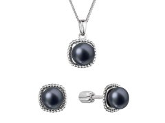 Evolution Group Sada stříbrných šperků s černými říčními perlami 29065.3B black (náušnice, řetízek, přívěsek)