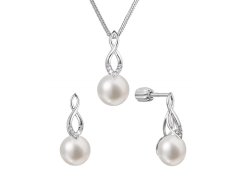 Evolution Group Souprava stříbrných šperků se zirkony a pravými perlami 29052.1B (náušnice, řetízek, přívěsek)