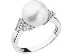 Evolution Group Stříbrný prsten s bílou říční perlou a zirkony 25002.1 54 mm