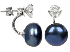 JwL Luxury Pearls Stříbrné náušnice s pravou modrou perlou a krystalem 2v1 JL0225