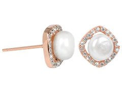 JwL Luxury Pearls Stříbrné rosegold náušnice s pravou bílou perlou a krystaly JL0252