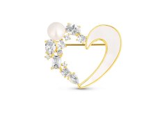JwL Luxury Pearls Romantická pozlacená brož 2v1 srdce s krystaly a perletí JL0841