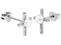 JwL Luxury Pearls Stříbrné náušnice Křížek s pravou perlou a zirkony JL0368