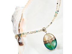 Lampglas Elegantní dámský náhrdelník Green Sea World s perlou Lampglas s 24karátovým zlatem a avanturínem NP26