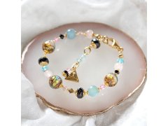 Lampglas Náramek Gold Fantasy s&nbsp;24karátovým zlatem a&nbsp;ryzím stříbrem v&nbsp;perle Lampglas, růženínem a&nbsp;kalcitem BP38/M