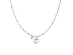 Luca Barra Slušivý ocelový náhrdelník s&nbsp;růžovými korálky Srdce CK2177