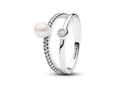 Pandora Dvojitý stříbrný prsten s perlou a zirkony Timeless 193147C01 50 mm