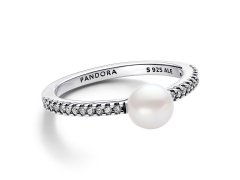 Pandora Blyštivý stříbrný prsten s pravou perlou Timeless 193158C01 50 mm