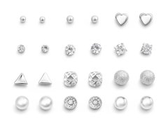Troli Sada elegantních náušnic - pecky Silver (12 párů)