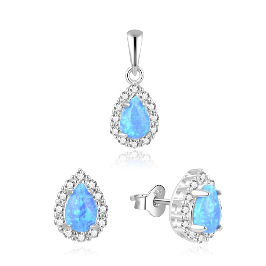 Beneto Nádherná souprava šperků s modrými opály AGSET137L (přívěsek, náušnice) - Náušnice Pecky