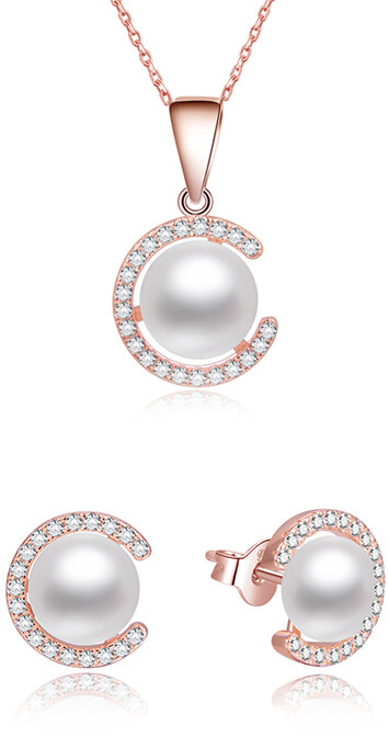 Beneto Pozlacená souprava šperků ze stříbra s pravými perlami AGSET285P-ROSE (náhrdelník, náušnice) - Sety šperků Soupravy šperků