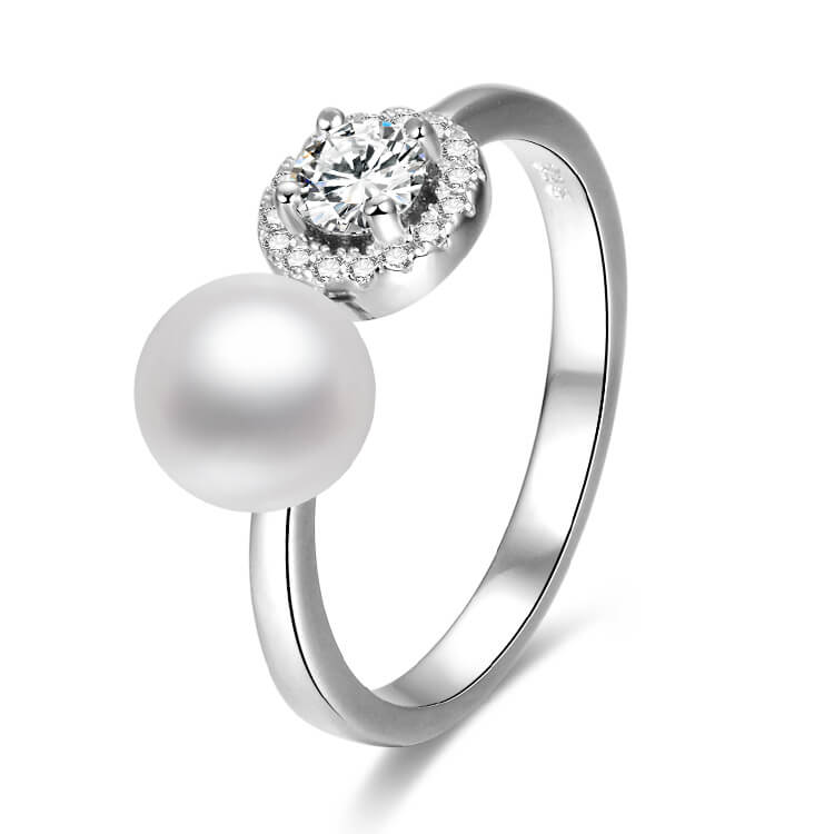 Beneto Otevřený stříbrný prsten se zirkony a perlou AGG339 M (56 - 59 mm)