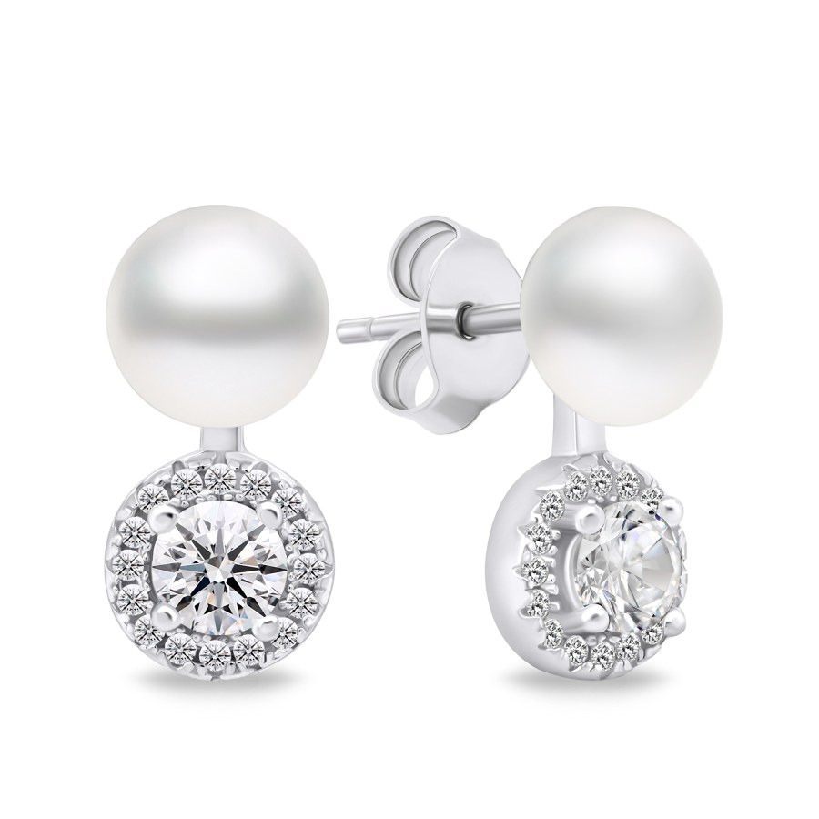 Brilio Silver Elegantní perlové náušnice se zirkony EA611W - Náušnice Visací náušnice