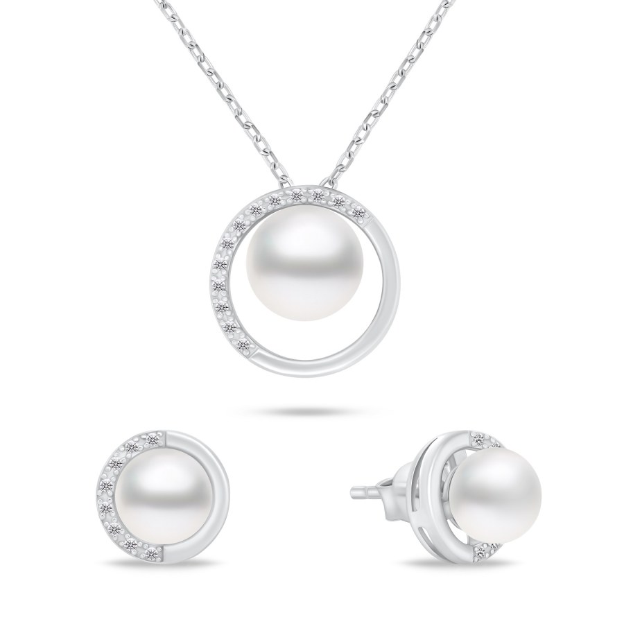 Brilio Silver Elegantní sada šperků s pravými perlami SET251W (náušnice, náhrdelník) - Náušnice Pecky