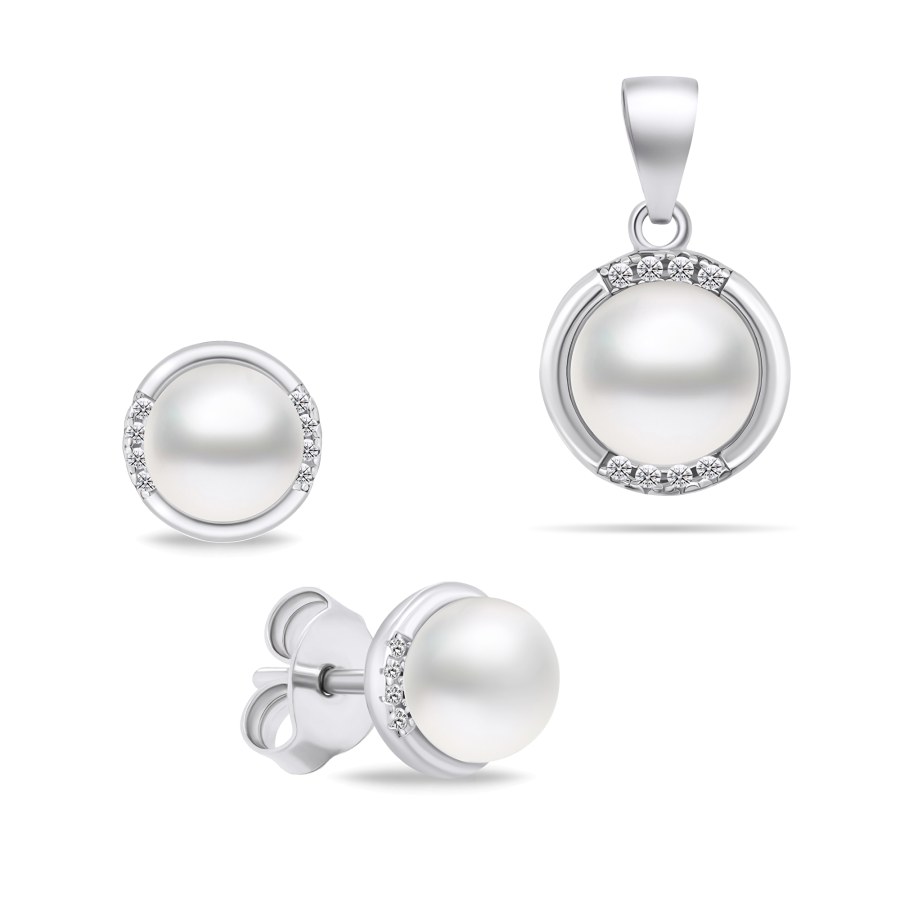 Brilio Silver Půvabný stříbrný set šperků s perlami SET229W (náušnice, přívěsek) - Náušnice Pecky