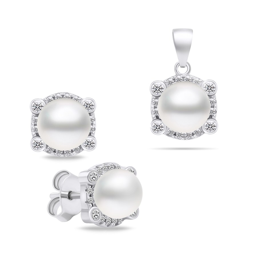 Brilio Silver Elegantní stříbrný set šperků s perlami SET237W (náušnice, přívěsek) - Náušnice Pecky