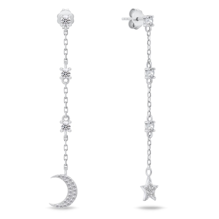 Brilio Silver Dlouhé stříbrné asymetrické náušnice Měsíc a Hvězda se zirkony EA832W - Náušnice Dlouhé náušnice