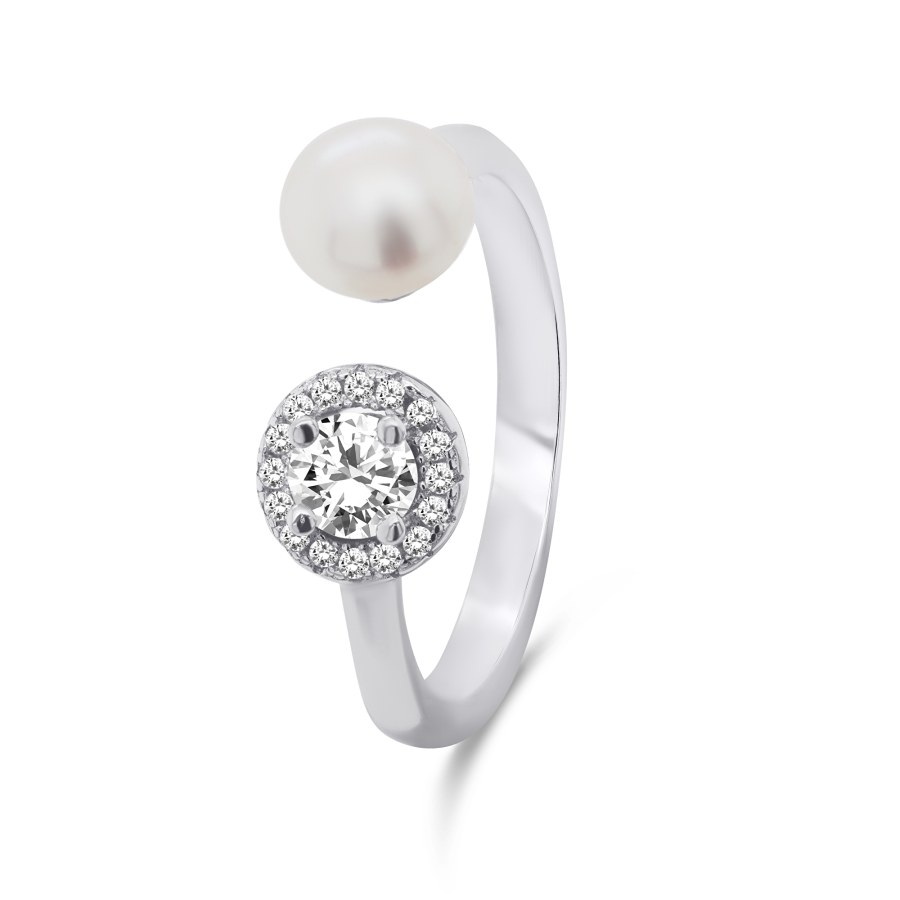 Brilio Silver Nádherný stříbrný prsten s pravou perlou a zirkony RI062W 58 mm - Prsteny Prsteny s kamínkem