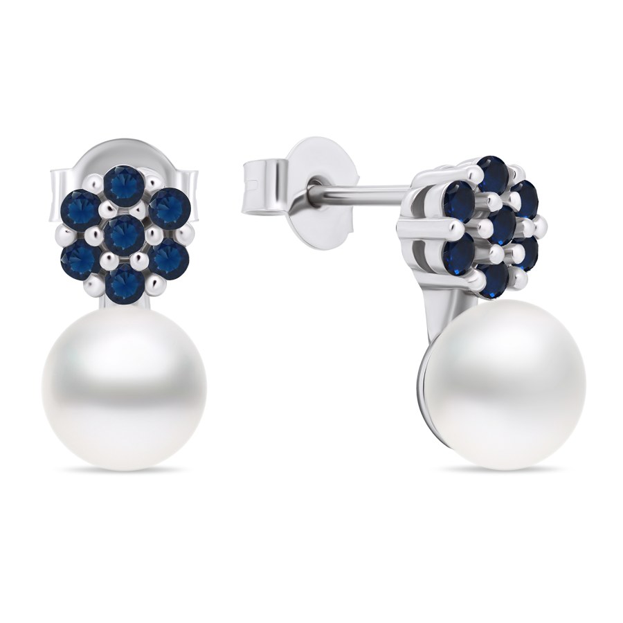 Brilio Silver Nepřehlédnutelné perlové náušnice s modrými zirkony EA612WB - Náušnice Visací náušnice