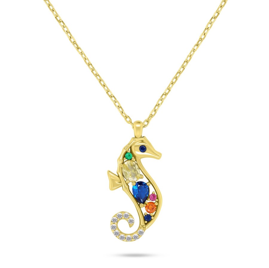 Brilio Silver Pozlacený náhrdelník Mořský koník s barevnými zirkony NCL161YRBW - Náhrdelníky