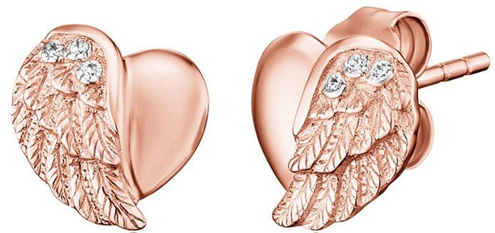 Engelsrufer Růžově zlacené stříbrné náušnice Srdce s andělským křídlem a zirkony ERE-LILHW-STR - Náušnice Pecky