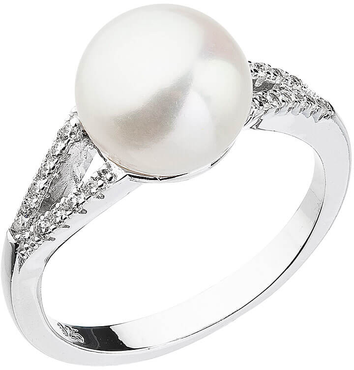 Evolution Group Něžný prsten s bílou říční perlou a zirkony 25003.1 52 mm - Prsteny Prsteny s kamínkem