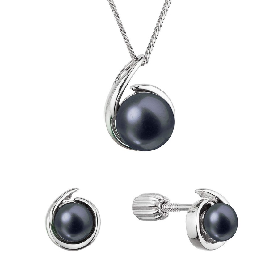 Evolution Group Sada stříbrných šperků s černými říčními perlami 29063.3B black (náušnice, řetízek, přívěsek) - Sety šperků Soupravy šperků