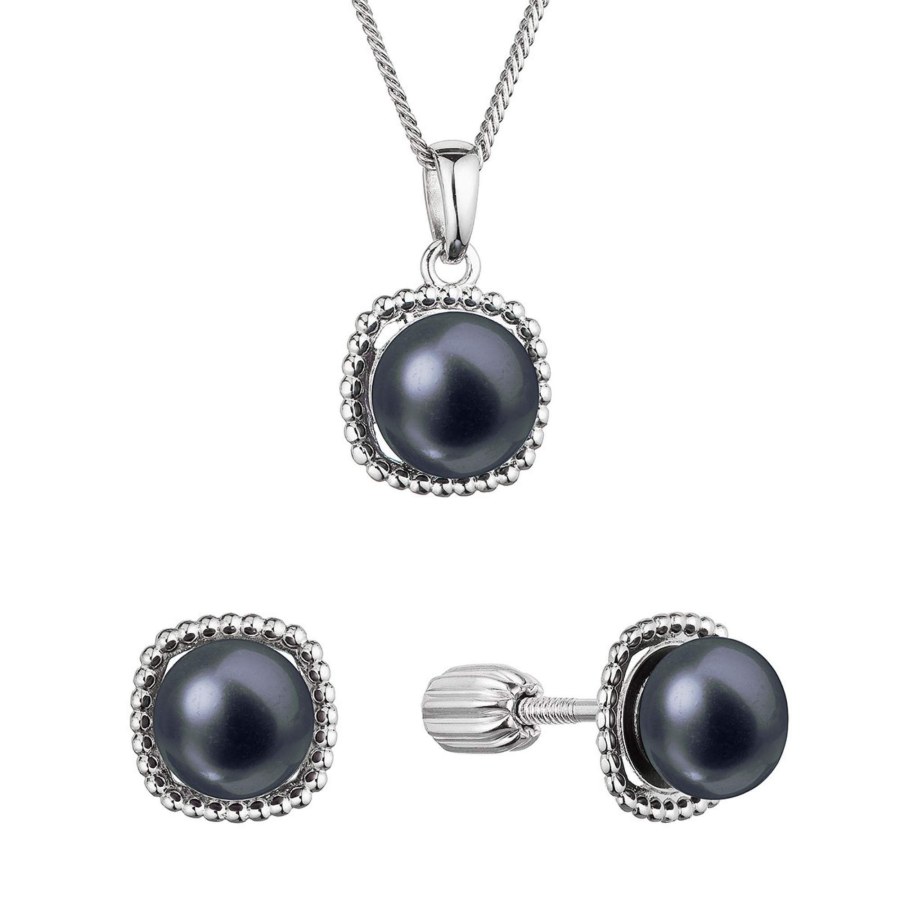 Evolution Group Sada stříbrných šperků s černými říčními perlami 29065.3B black (náušnice, řetízek, přívěsek) - Sety šperků Soupravy šperků