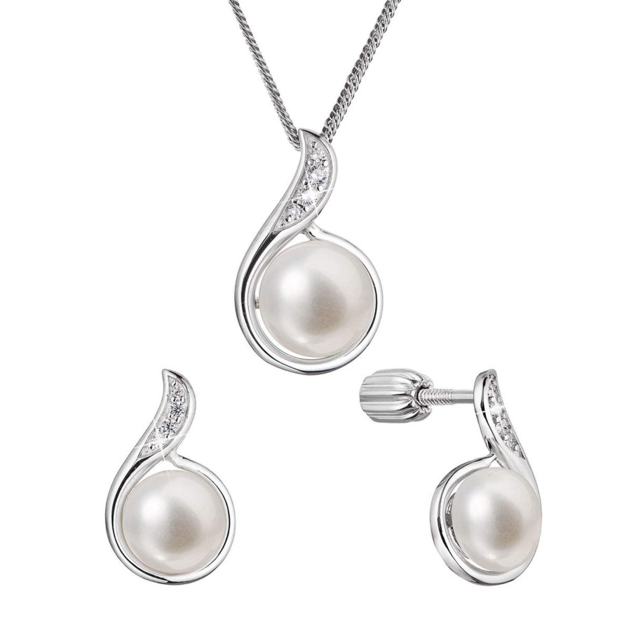 Evolution Group Sada stříbrných šperků se zirkony a pravými perlami 29050.1B (náušnice, řetízek, přívěsek) - Sety šperků Soupravy šperků