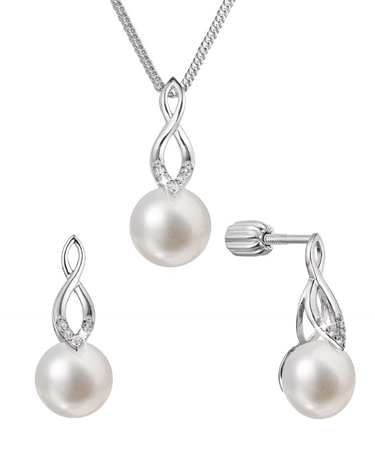 Evolution Group Souprava stříbrných šperků se zirkony a pravými perlami 29052.1B (náušnice, řetízek, přívěsek) - Sety šperků Soupravy šperků