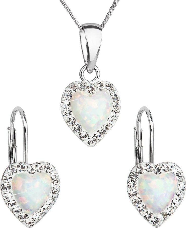 Evolution Group Srdíčková souprava šperků s krystaly Preciosa 39161.1 a  white s.opal (náušnice, řetízek, přívěsek)