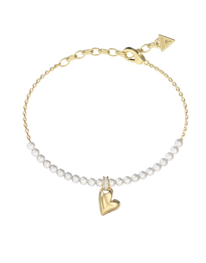 Guess Pozlacený náramek Srdce s perličkami Golden love JUBB06455JWYG 18,4 cm