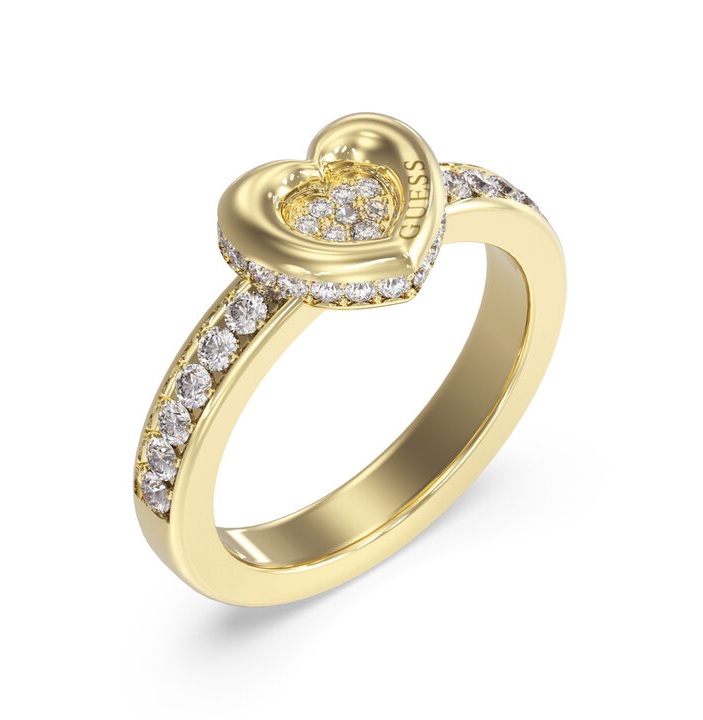 Guess Půvabný pozlacený prsten Srdce s&nbsp;krystaly L.O.V.E. JUBR05464JWYG 58 mm - Prsteny Prsteny s&nbsp;kamínkem