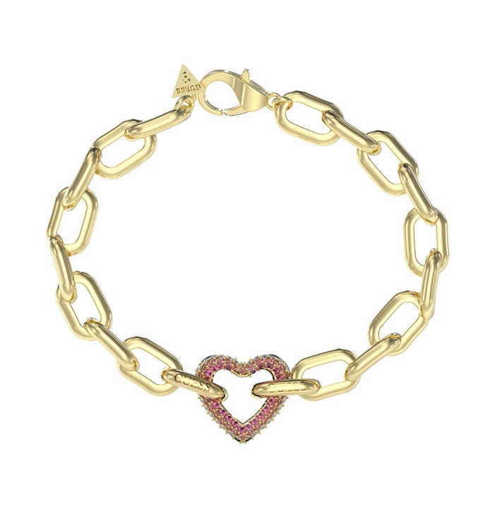Guess Výrazný pozlacený náramek Srdce Beloved JUBB05005JWYGPK 18,5 cm