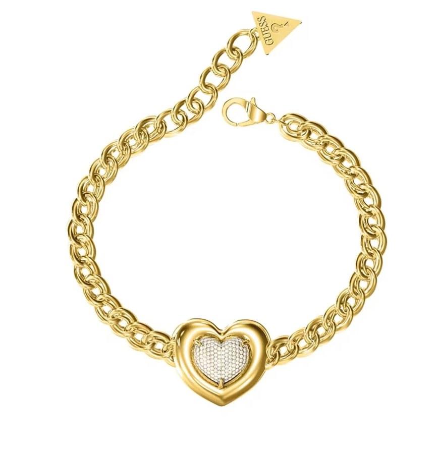 Guess Výrazný pozlacený náramek Srdce s krystaly L.O.V.E. JUBB05456JWYG 18,4 cm