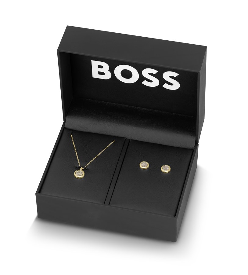 Hugo Boss Luxusní sada pozlacených šperků Medallion 1570149 (náhrdelník, náušnice) - Náušnice Pecky