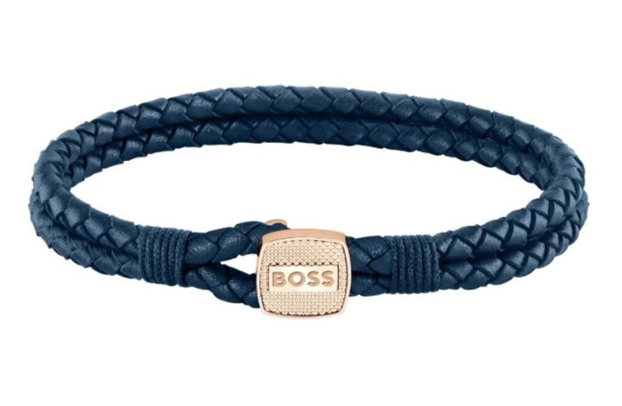 Hugo Boss Modrý pletený náramek z kůže Seal 1580668 19 cm