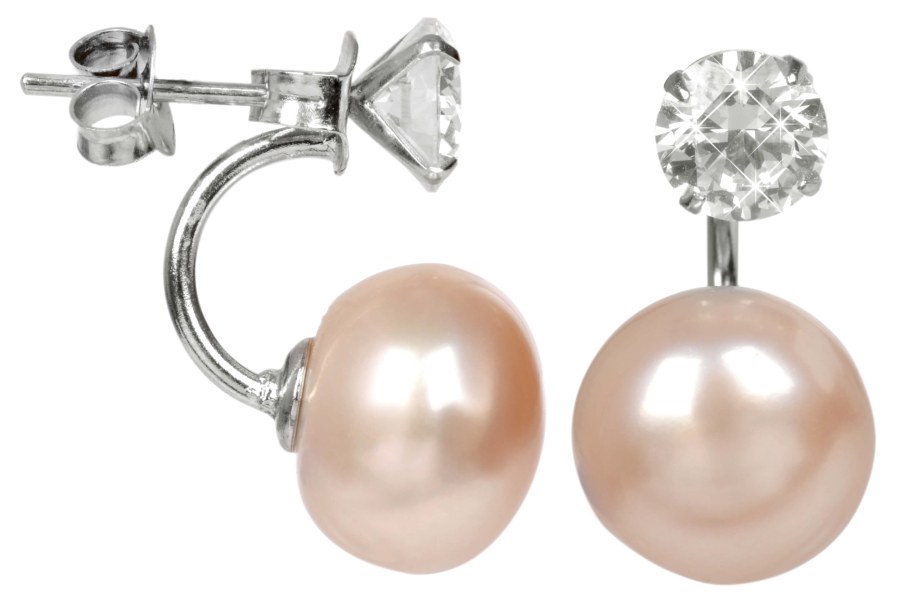 JwL Luxury Pearls Stříbrné náušnice s pravou lososovou perlou a krystalem 2v1 JL0216 - Náušnice Visací náušnice
