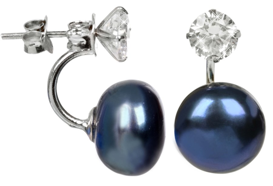JwL Luxury Pearls Stříbrné náušnice s pravou modrou perlou a krystalem 2v1 JL0225 - Náušnice Visací náušnice