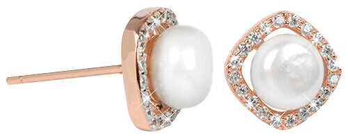 JwL Luxury Pearls Stříbrné rosegold náušnice s pravou bílou perlou a krystaly JL0252 - Náušnice Pecky