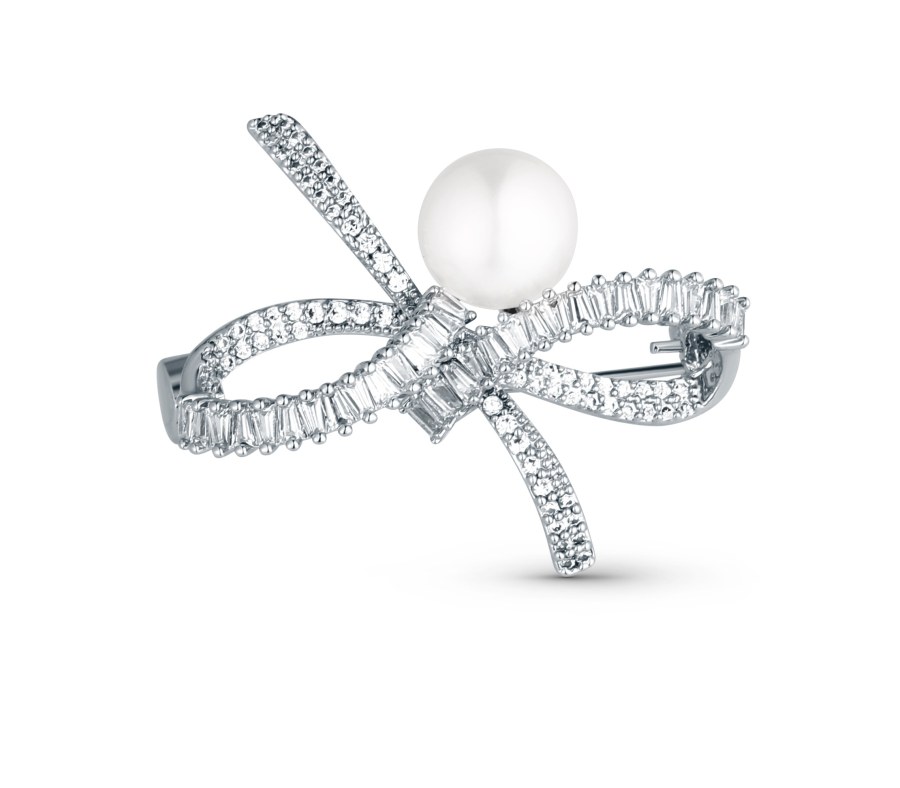 JwL Luxury Pearls Blyštivá dámská brož Mašle s pravou perlou a krystaly JL0842 - Brože