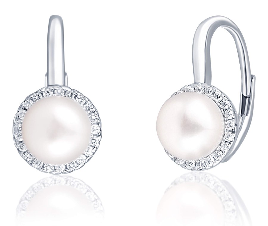 JwL Luxury Pearls Elegantní stříbrné náušnice s perlou a zirkony JL0640 - Náušnice Visací náušnice