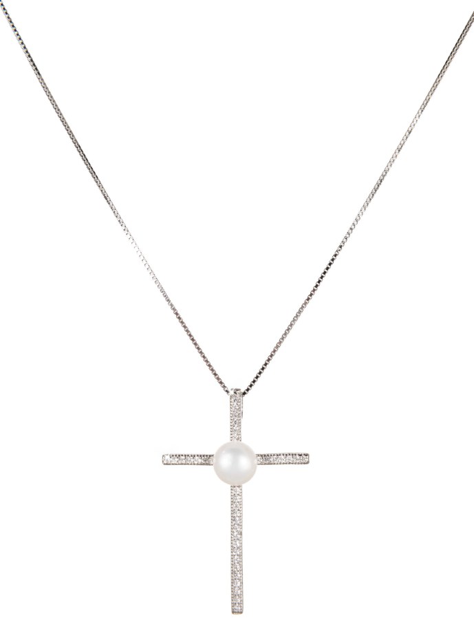 JwL Luxury Pearls Stříbrný náhrdelník Křížek s pravou perlou JL0455 (řetízek, přívěsek) - Náhrdelníky