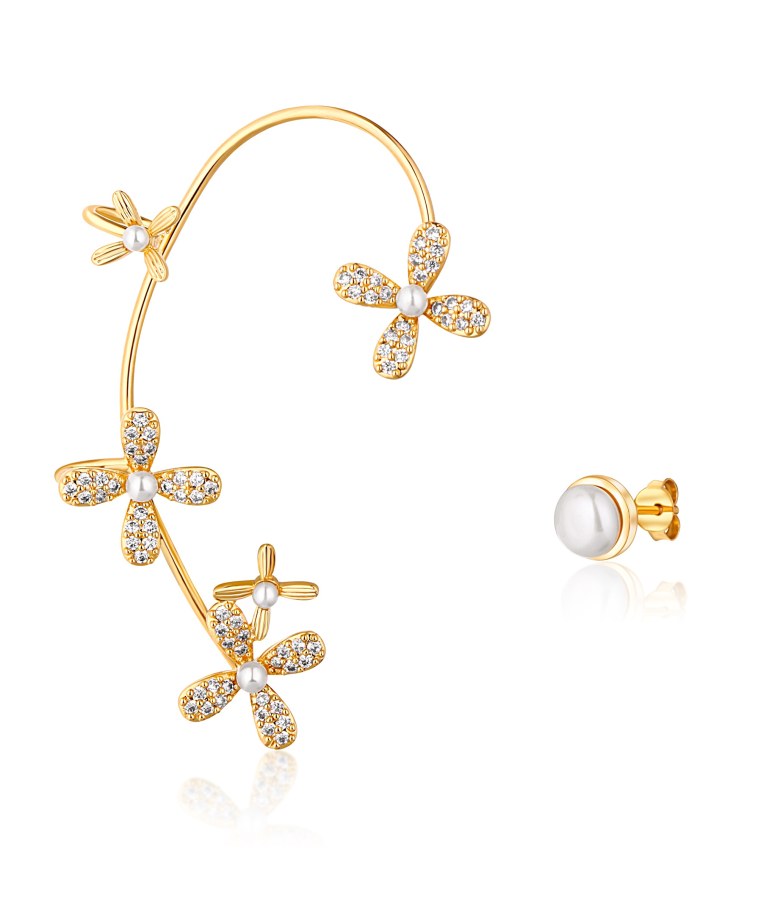 JwL Luxury Pearls Pozlacené asymetrické náušnice s perlami a zirkony - pravá záušnice JL0777 - Náušnice Pecky